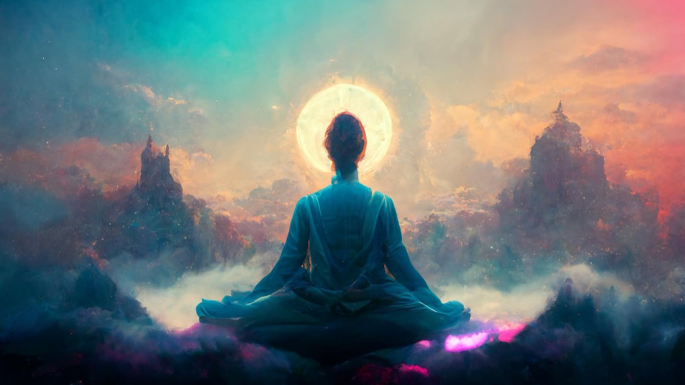Pintura digital de uma pessoa meditando e encontrando o seu reino interno diante do sol